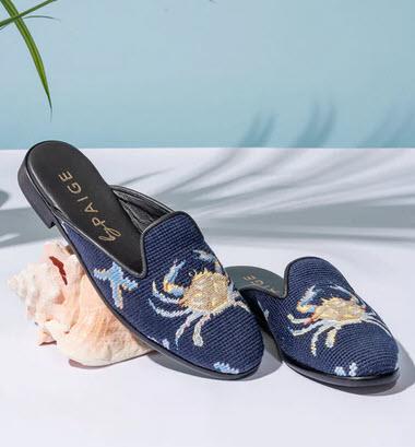 ByPaige Crab on Navy Needlepoint Mules  Apparel & Accessories > Shoes > Clogs & Mules